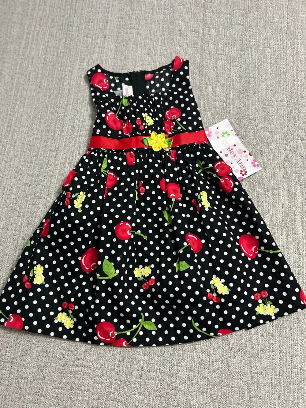Ashley Ann Black Polka Dot Dress Red Cherry Print and Yellow Flower. SZ 2T NWT